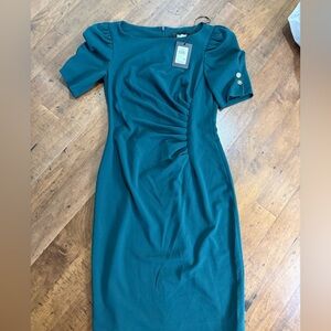Dkny Teal Ruched Sheath Midi Dress